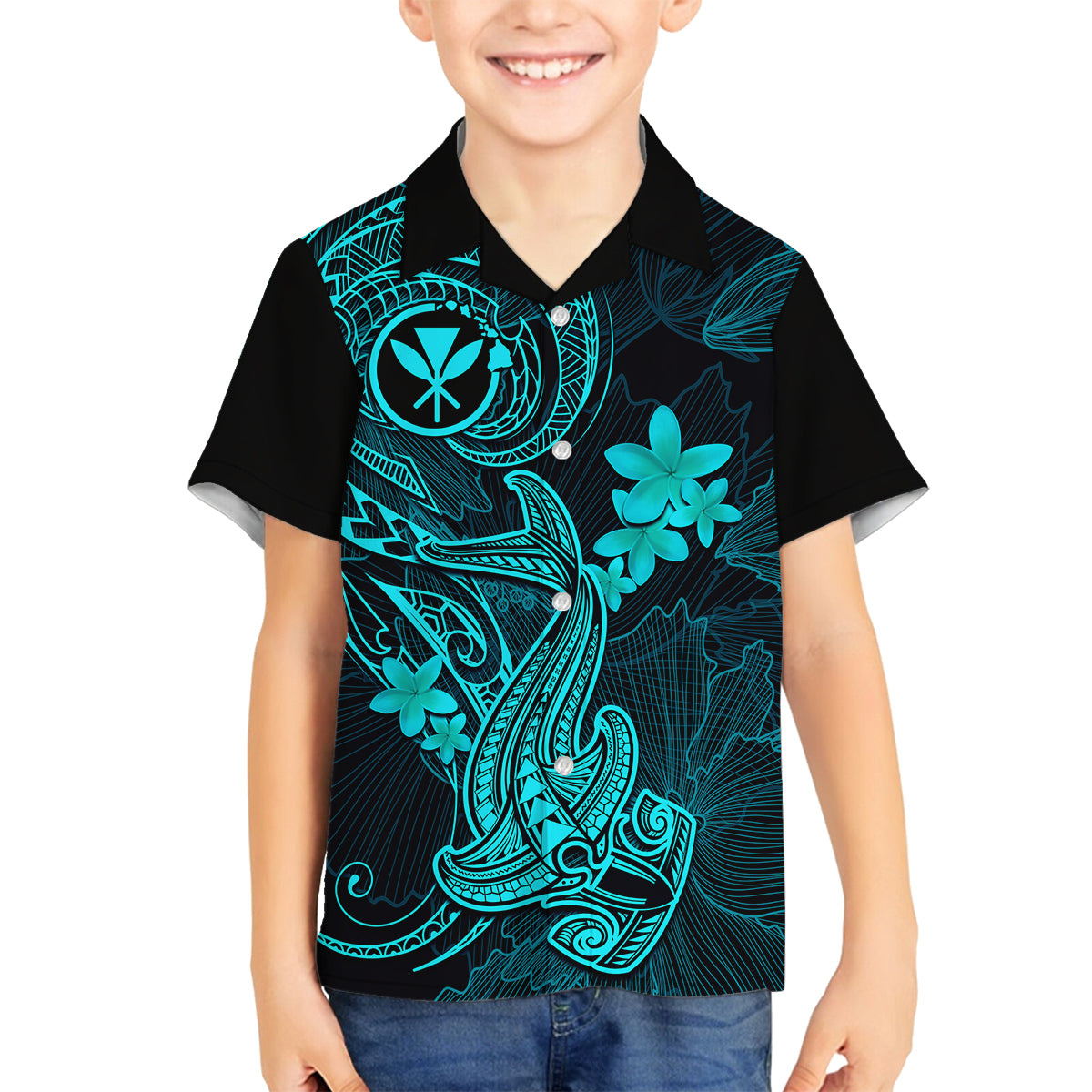 hawaii-kid-hawaiian-shirt-hammerhead-shark-tattoo-mix-polynesian-plumeria-turquoise-version