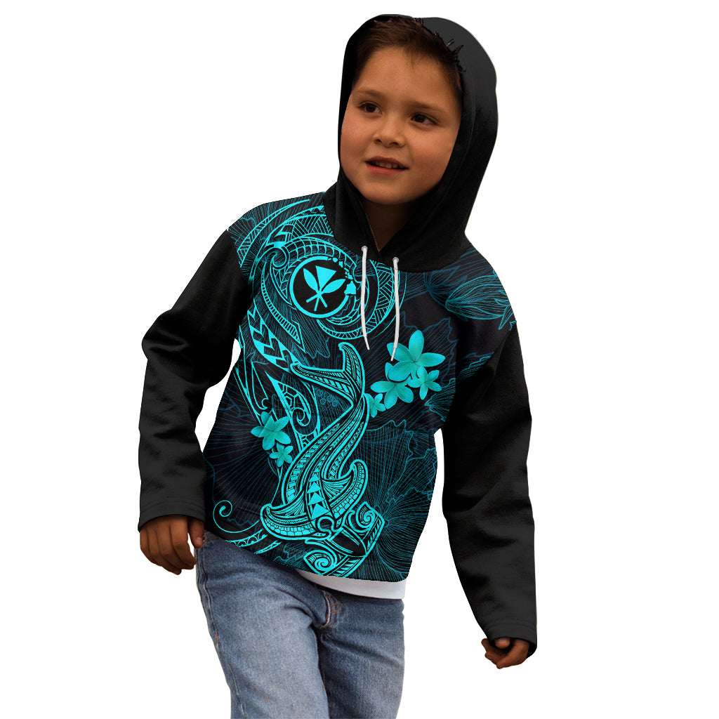 Hawaii Kid Hoodie Hammerhead Shark Tattoo Mix Polynesian Plumeria Turquoise Version LT14 - Polynesian Pride