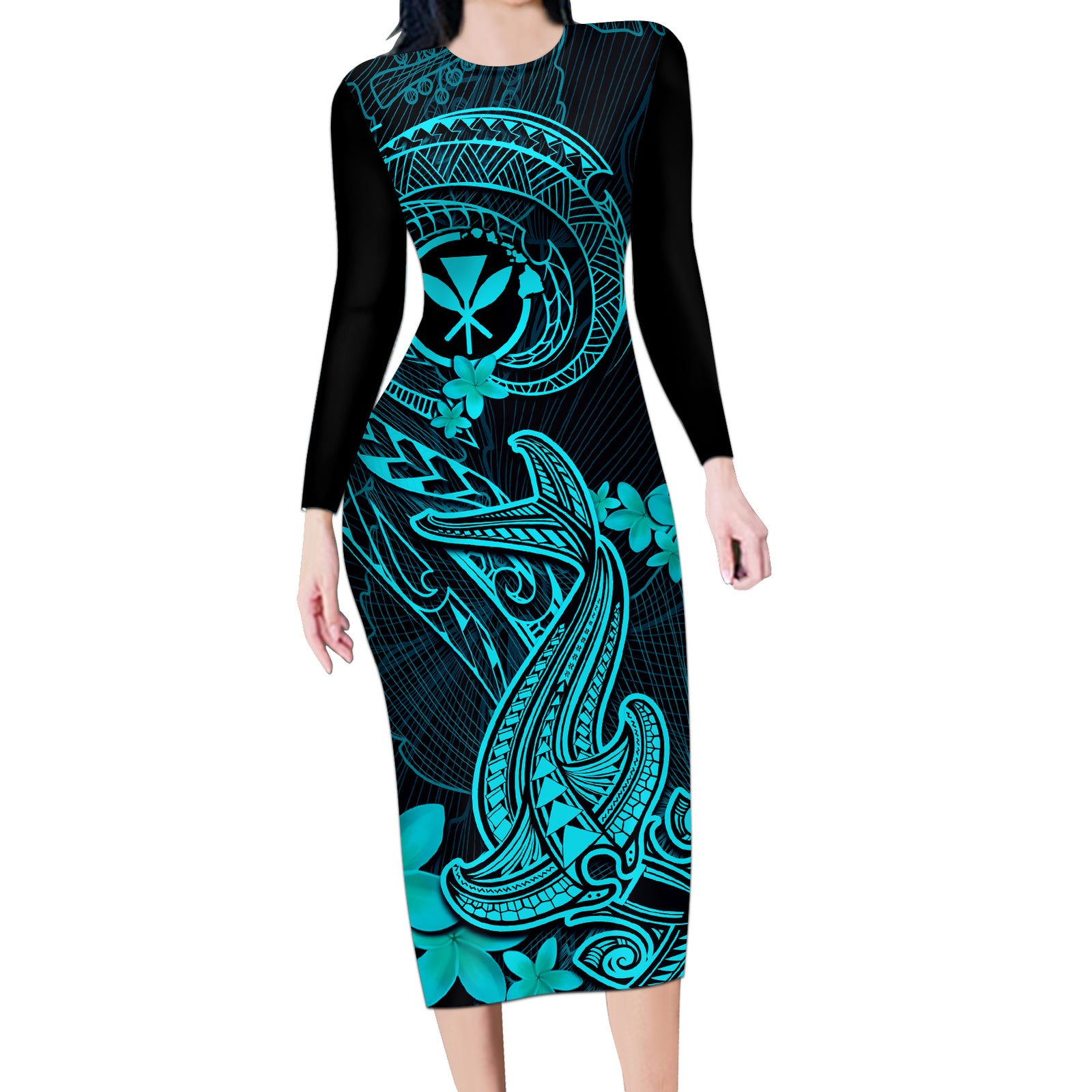 Hawaii Long Sleeve Bodycon Dress Hammerhead Shark Tattoo Mix Polynesian Plumeria Turquoise Version LT14 Long Dress Turquoise - Polynesian Pride