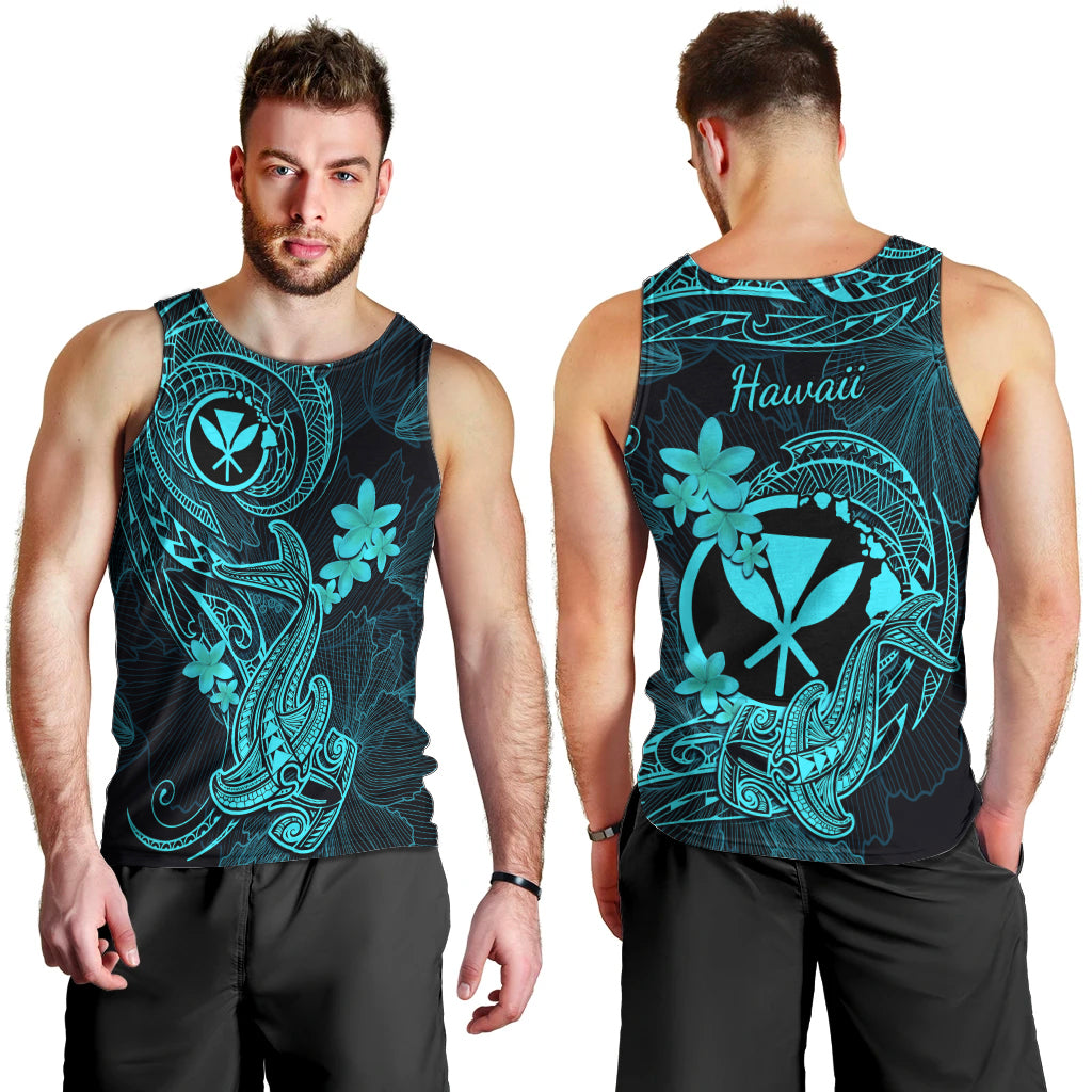 hawaii-men-tank-top-hammerhead-shark-tattoo-mix-polynesian-plumeria-turquoise-version