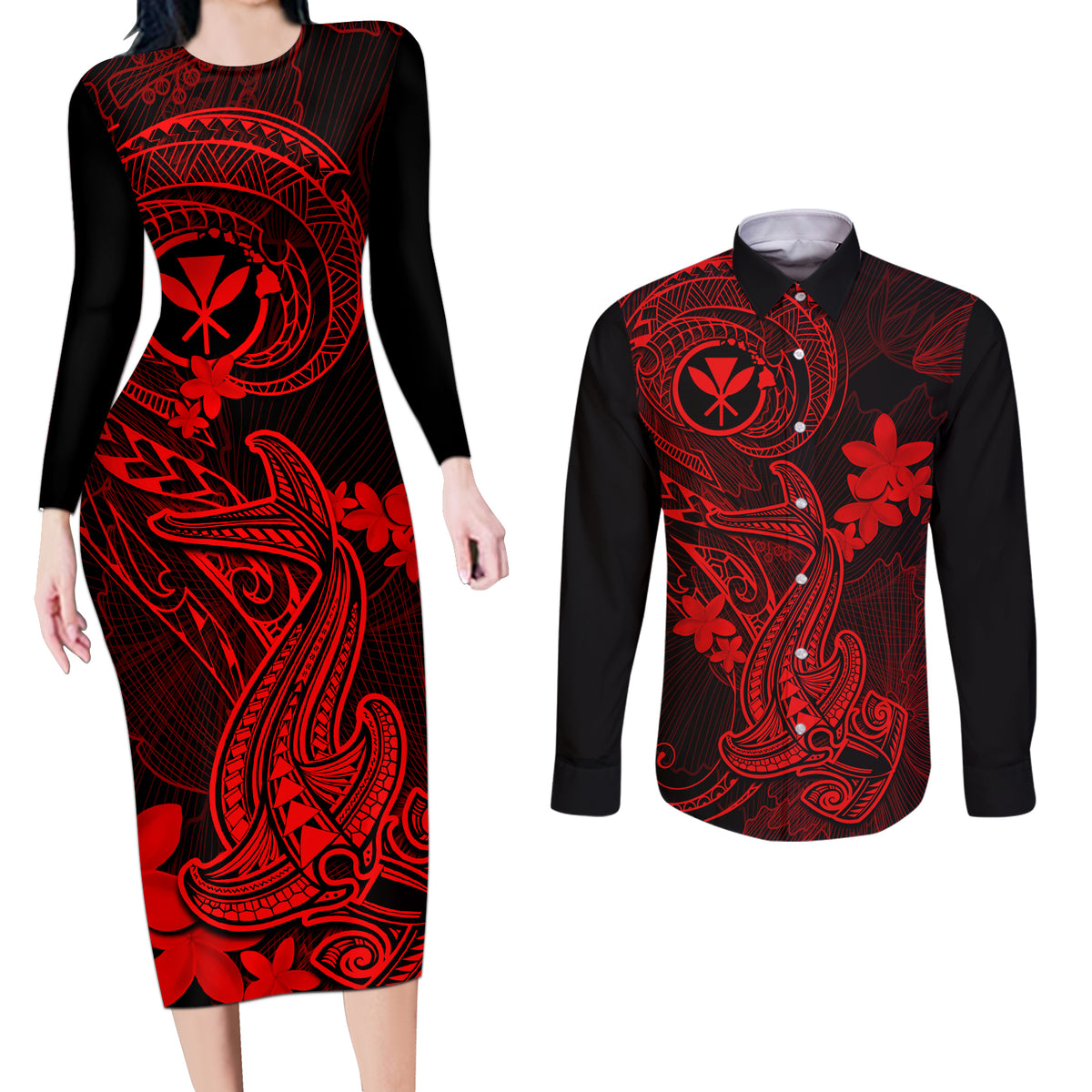 hawaii-couples-matching-long-sleeve-bodycon-dress-and-long-sleeve-button-shirts-hammerhead-shark-tattoo-mix-polynesian-plumeria-red-version