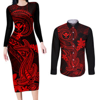 hawaii-couples-matching-long-sleeve-bodycon-dress-and-long-sleeve-button-shirts-hammerhead-shark-tattoo-mix-polynesian-plumeria-red-version