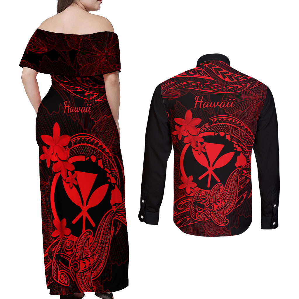 hawaii-couples-matching-off-shoulder-maxi-dress-and-long-sleeve-button-shirts-hammerhead-shark-tattoo-mix-polynesian-plumeria-red-version