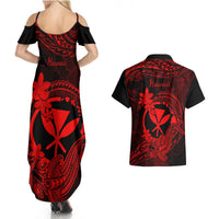 hawaii-couples-matching-summer-maxi-dress-and-hawaiian-shirt-hammerhead-shark-tattoo-mix-polynesian-plumeria-red-version