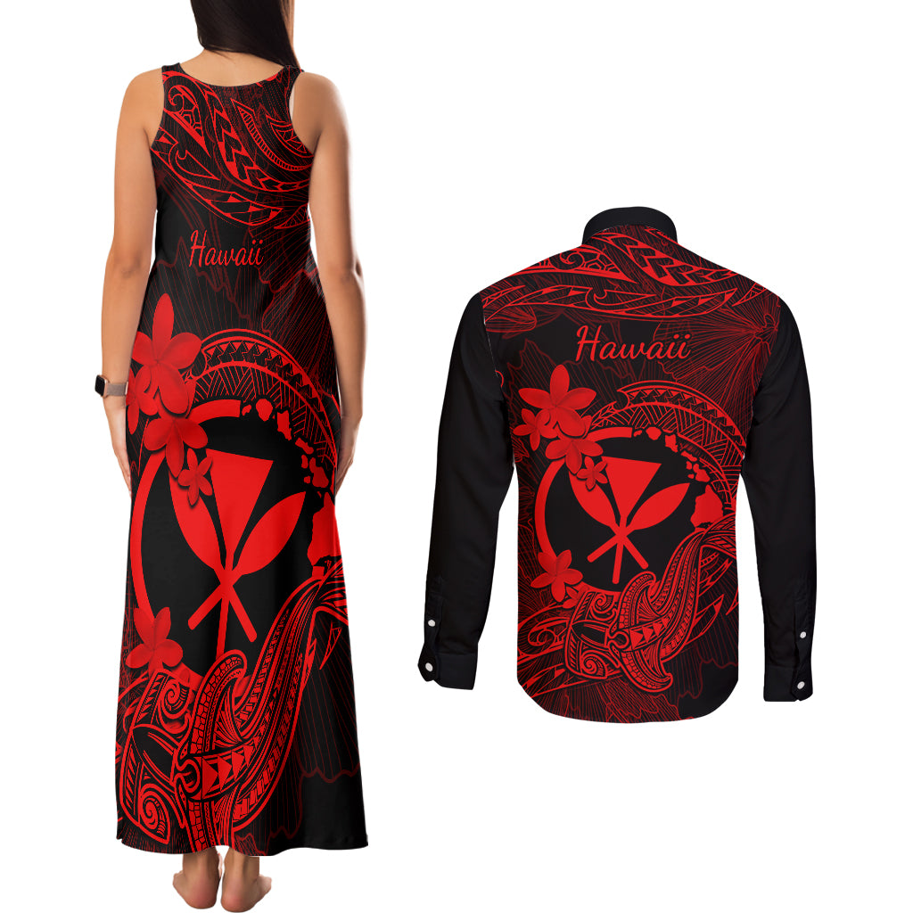 hawaii-couples-matching-tank-maxi-dress-and-long-sleeve-button-shirts-hammerhead-shark-tattoo-mix-polynesian-plumeria-red-version