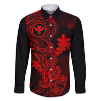 hawaii-family-matching-summer-maxi-dress-and-hawaiian-shirt-hammerhead-shark-tattoo-mix-polynesian-plumeria-red-version