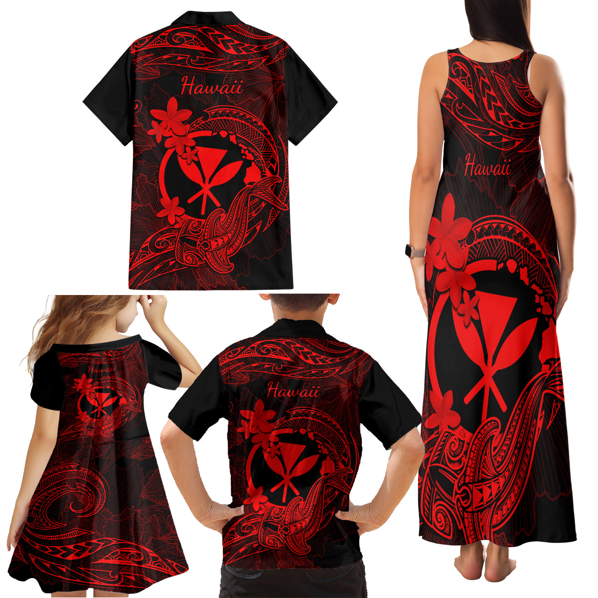 hawaii-family-matching-tank-maxi-dress-and-hawaiian-shirt-hammerhead-shark-tattoo-mix-polynesian-plumeria-red-version
