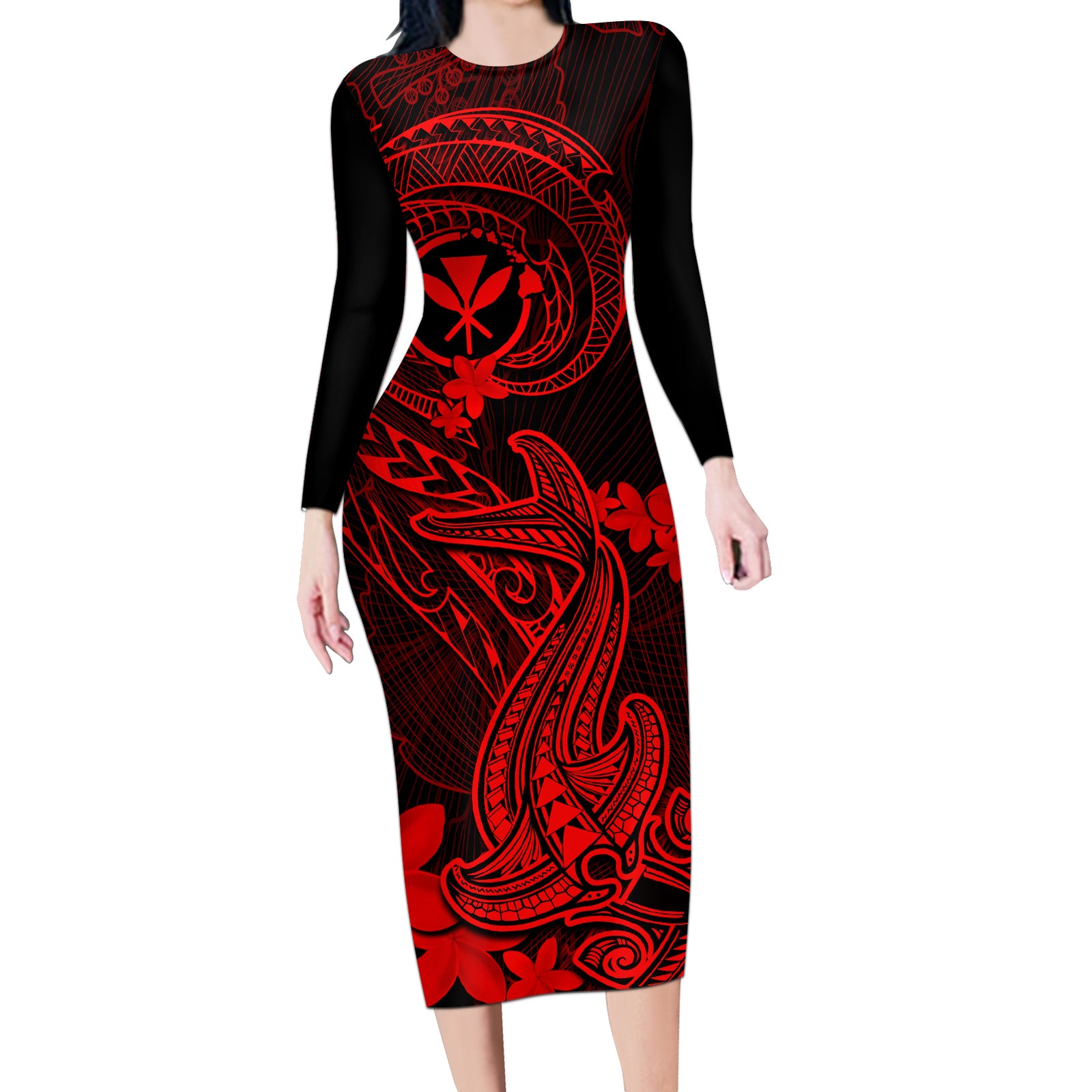 Hawaii Long Sleeve Bodycon Dress Hammerhead Shark Tattoo Mix Polynesian Plumeria Red Version LT14 Long Dress Red - Polynesian Pride