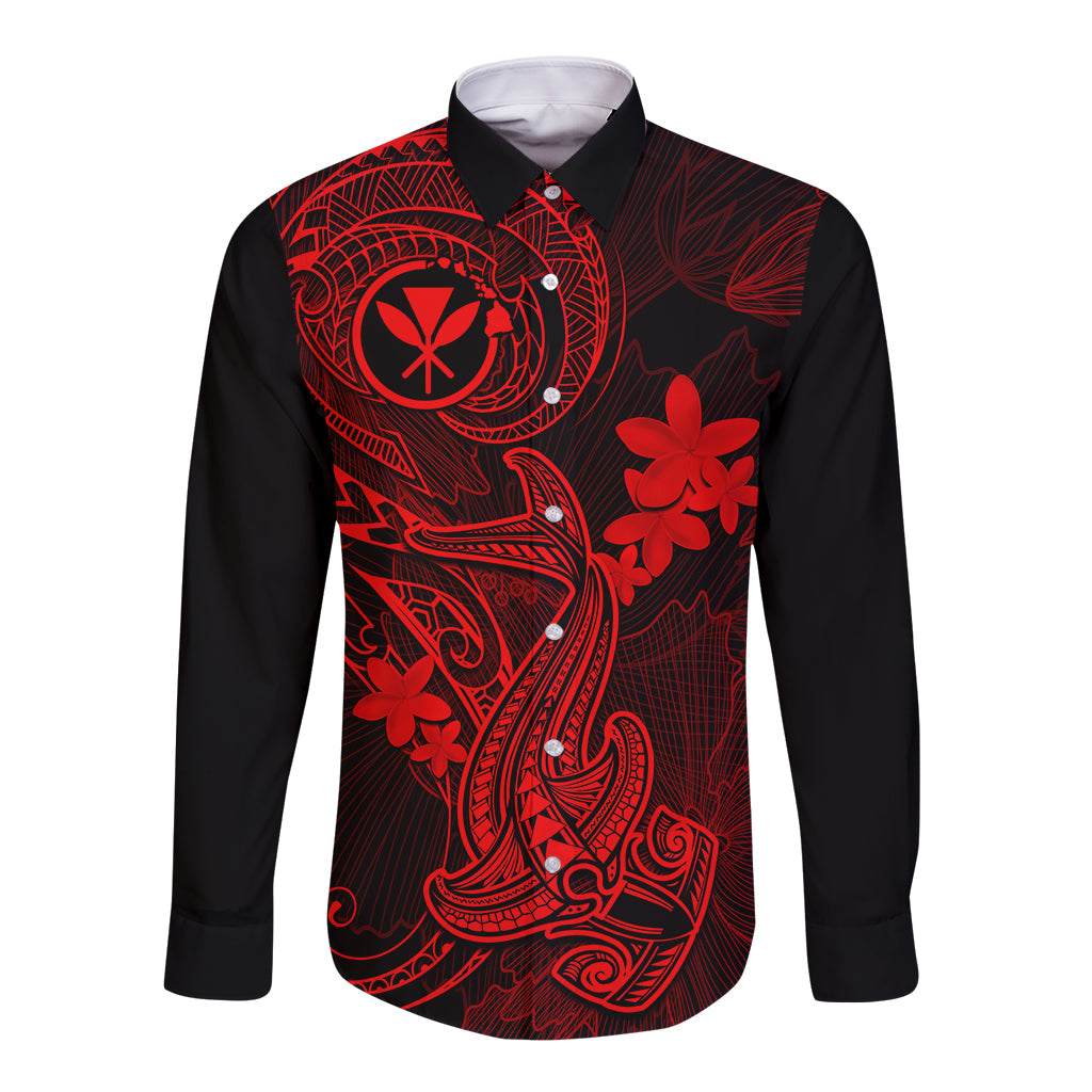 Hawaii Long Sleeve Button Shirt Hammerhead Shark Tattoo Mix Polynesian Plumeria Red Version LT14 Unisex Red - Polynesian Pride