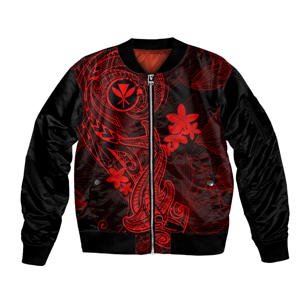 Hawaii Sleeve Zip Bomber Jacket Hammerhead Shark Tattoo Mix Polynesian Plumeria Red Version LT14 Unisex Red - Polynesian Pride