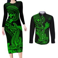 hawaii-couples-matching-long-sleeve-bodycon-dress-and-long-sleeve-button-shirts-hammerhead-shark-tattoo-mix-polynesian-plumeria-green-version
