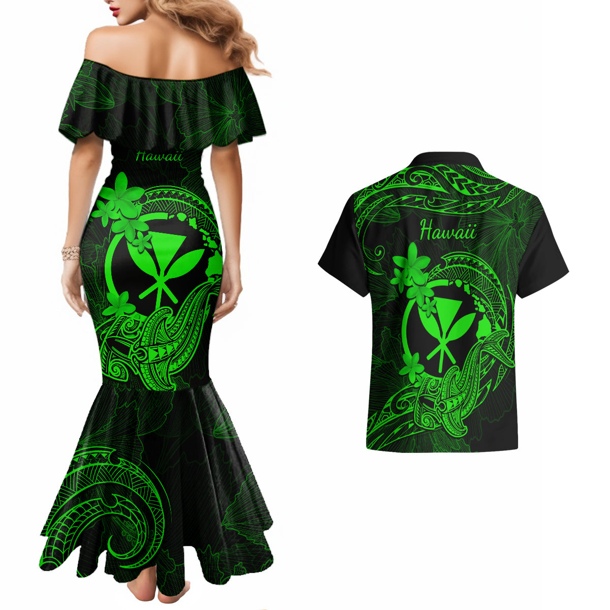 hawaii-couples-matching-mermaid-dress-and-hawaiian-shirt-hammerhead-shark-tattoo-mix-polynesian-plumeria-green-version