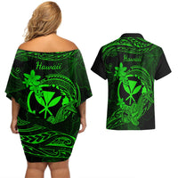 hawaii-couples-matching-off-shoulder-short-dress-and-hawaiian-shirt-hammerhead-shark-tattoo-mix-polynesian-plumeria-green-version