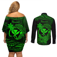 hawaii-couples-matching-off-shoulder-short-dress-and-long-sleeve-button-shirts-hammerhead-shark-tattoo-mix-polynesian-plumeria-green-version