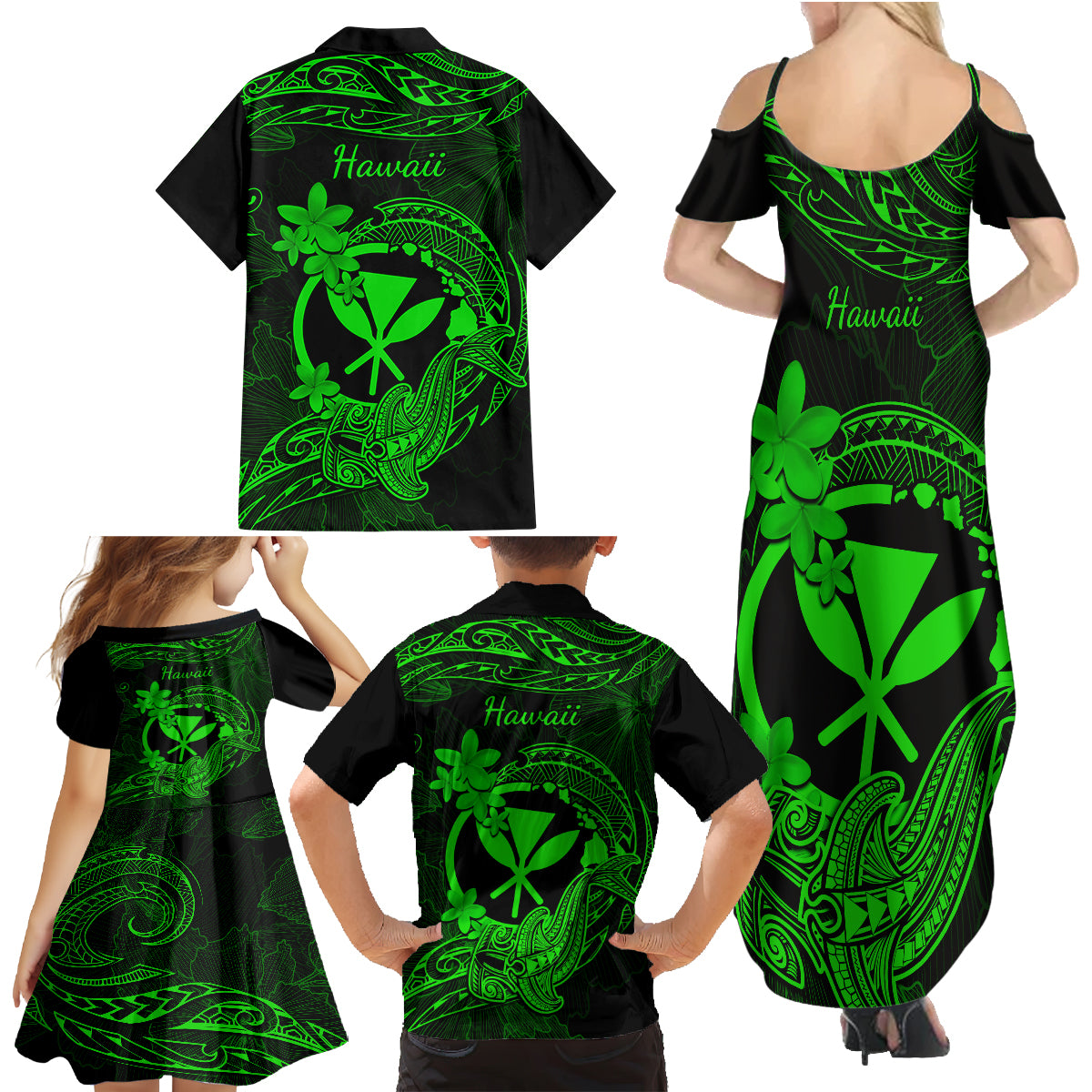 hawaii-family-matching-summer-maxi-dress-and-hawaiian-shirt-hammerhead-shark-tattoo-mix-polynesian-plumeria-green-version