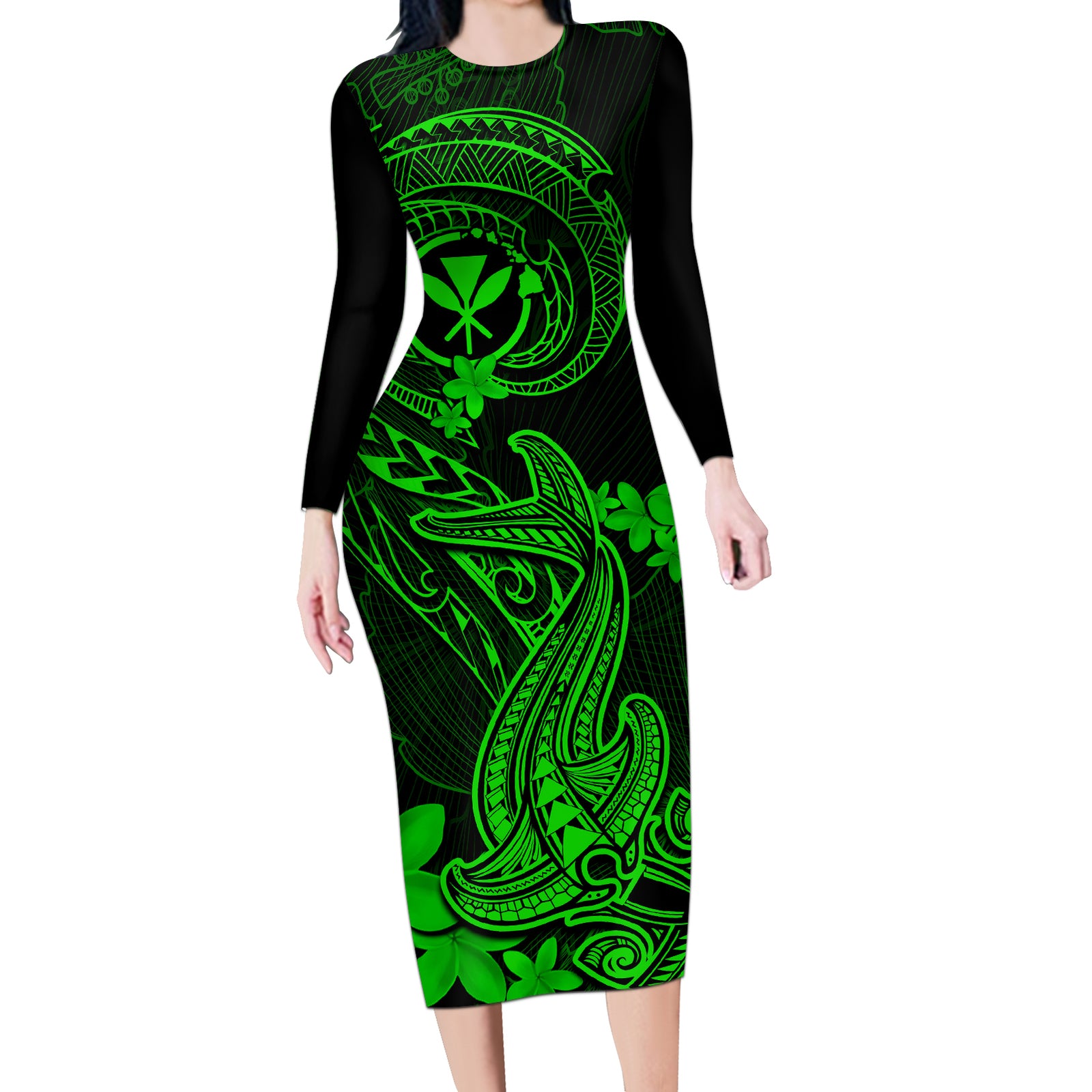 Hawaii Long Sleeve Bodycon Dress Hammerhead Shark Tattoo Mix Polynesian Plumeria Green Version LT14 Long Dress Green - Polynesian Pride