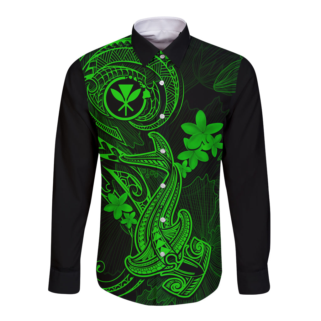 Hawaii Long Sleeve Button Shirt Hammerhead Shark Tattoo Mix Polynesian Plumeria Green Version LT14 Unisex Green - Polynesian Pride