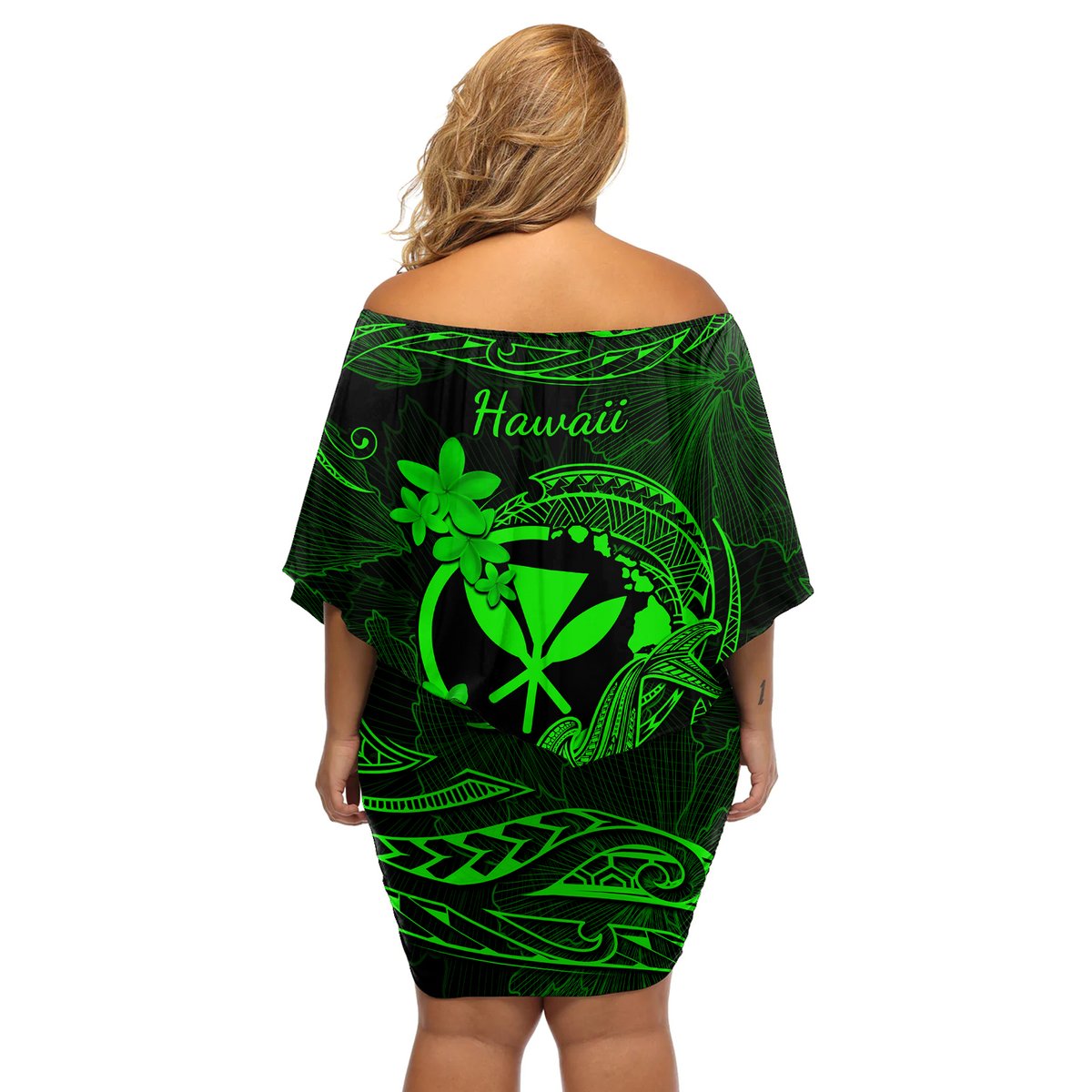 Hawaii Off Shoulder Short Dress Hammerhead Shark Tattoo Mix Polynesian Plumeria Green Version LT14 - Polynesian Pride