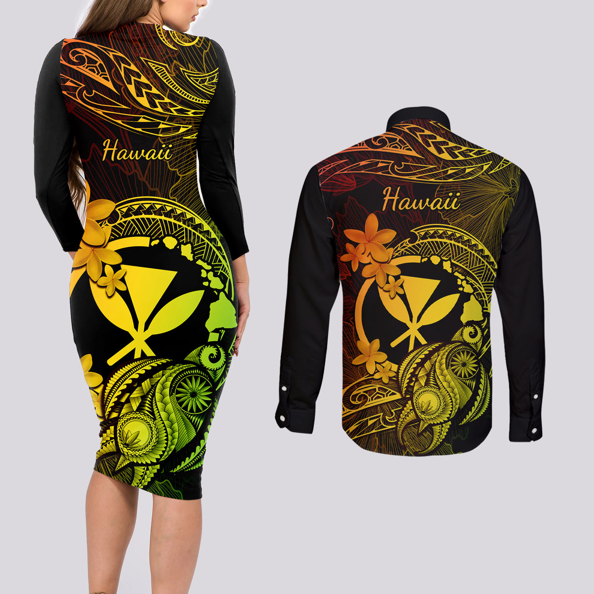 hawaii-couples-matching-long-sleeve-bodycon-dress-and-long-sleeve-button-shirts-turtle-mix-polynesian-plumeria-reggae-version
