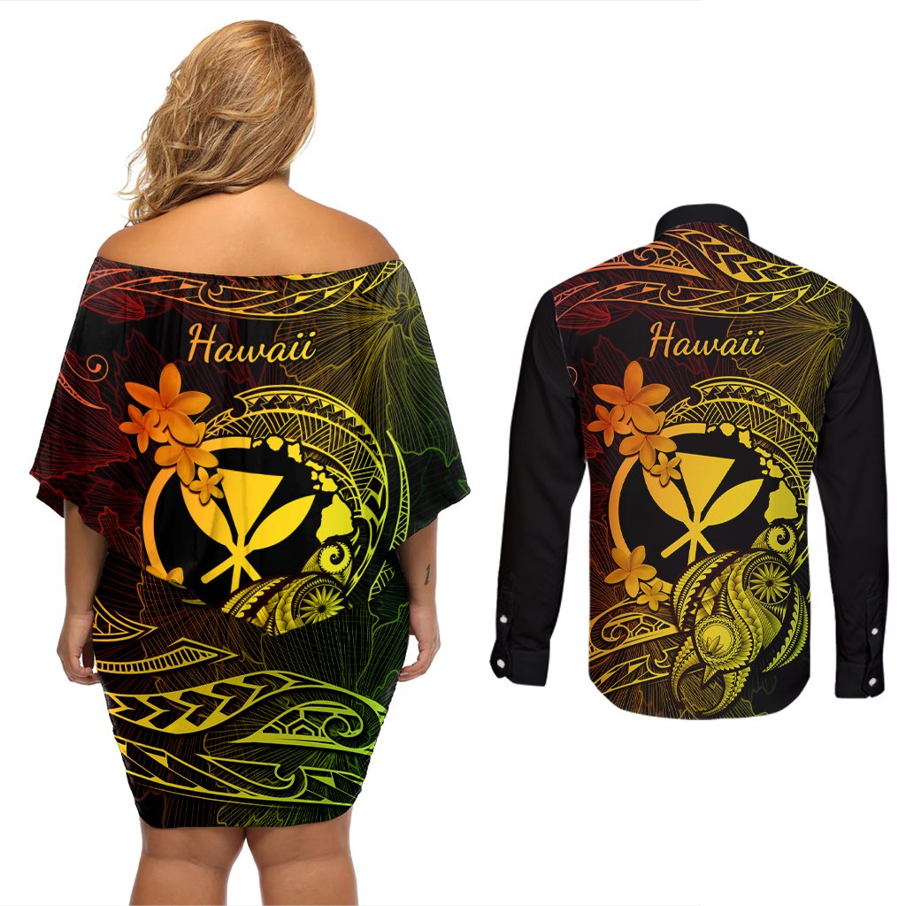 hawaii-couples-matching-off-shoulder-short-dress-and-long-sleeve-button-shirts-turtle-mix-polynesian-plumeria-reggae-version