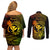 hawaii-couples-matching-off-shoulder-short-dress-and-long-sleeve-button-shirts-turtle-mix-polynesian-plumeria-reggae-version