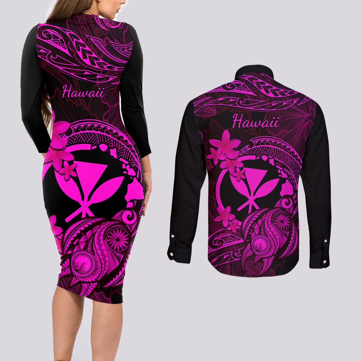 hawaii-couples-matching-long-sleeve-bodycon-dress-and-long-sleeve-button-shirts-turtle-mix-polynesian-plumeria-pink-version