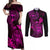 hawaii-couples-matching-off-shoulder-maxi-dress-and-long-sleeve-button-shirts-turtle-mix-polynesian-plumeria-pink-version