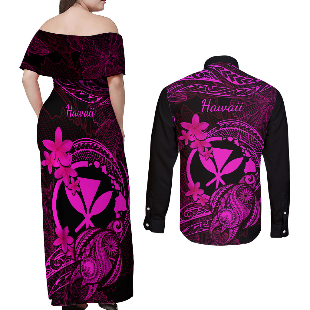 hawaii-couples-matching-off-shoulder-maxi-dress-and-long-sleeve-button-shirts-turtle-mix-polynesian-plumeria-pink-version
