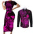 hawaii-couples-matching-short-sleeve-bodycon-dress-and-long-sleeve-button-shirts-turtle-mix-polynesian-plumeria-pink-version