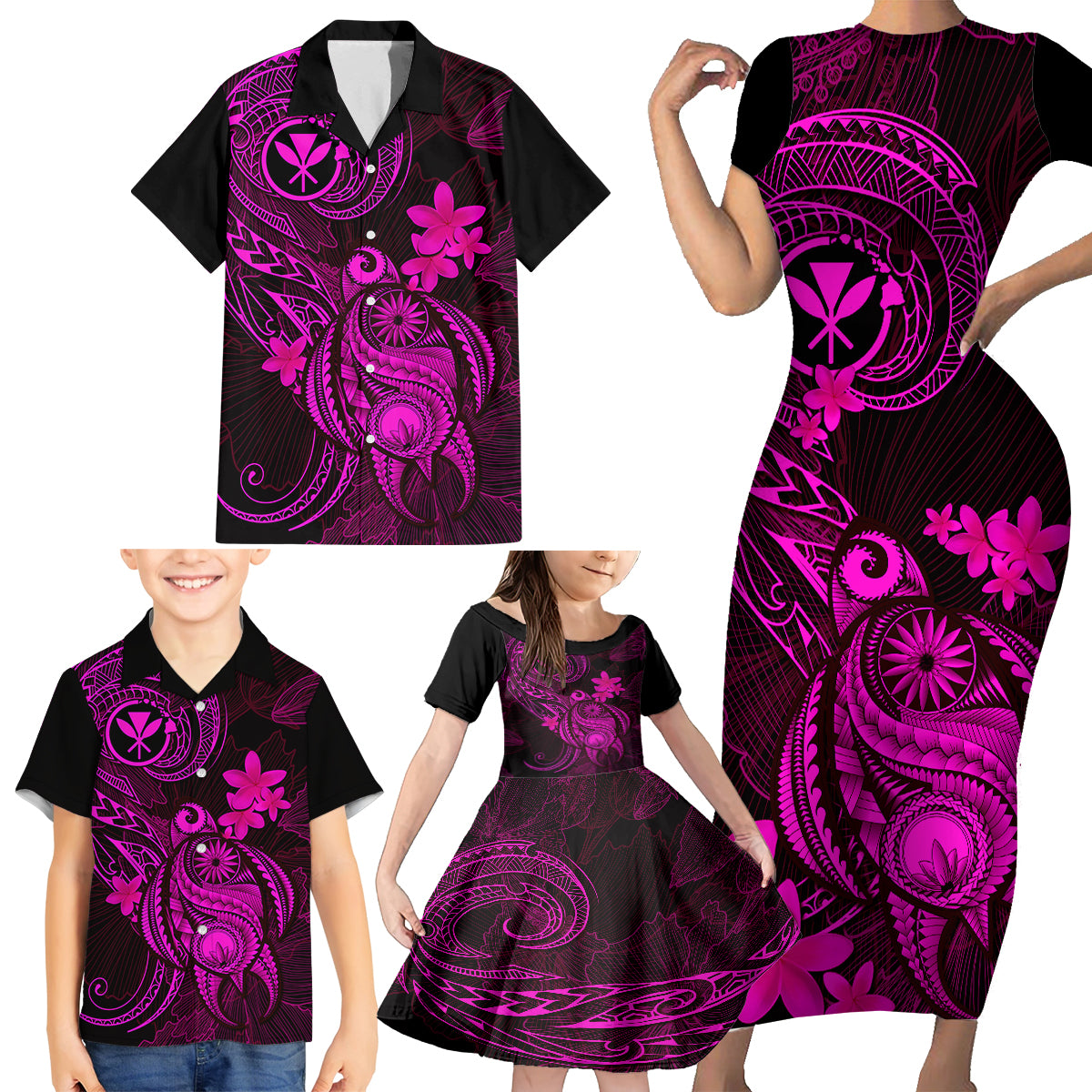 hawaii-family-matching-short-sleeve-bodycon-dress-and-hawaiian-shirt-turtle-mix-polynesian-plumeria-pink-version