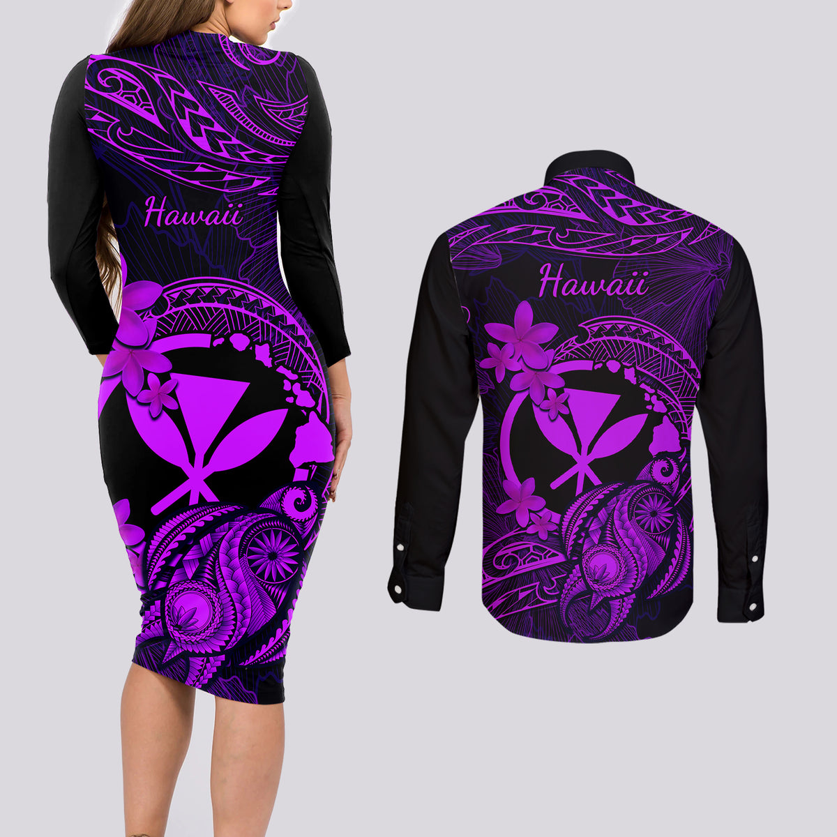 hawaii-couples-matching-long-sleeve-bodycon-dress-and-long-sleeve-button-shirts-turtle-mix-polynesian-plumeria-purple-version