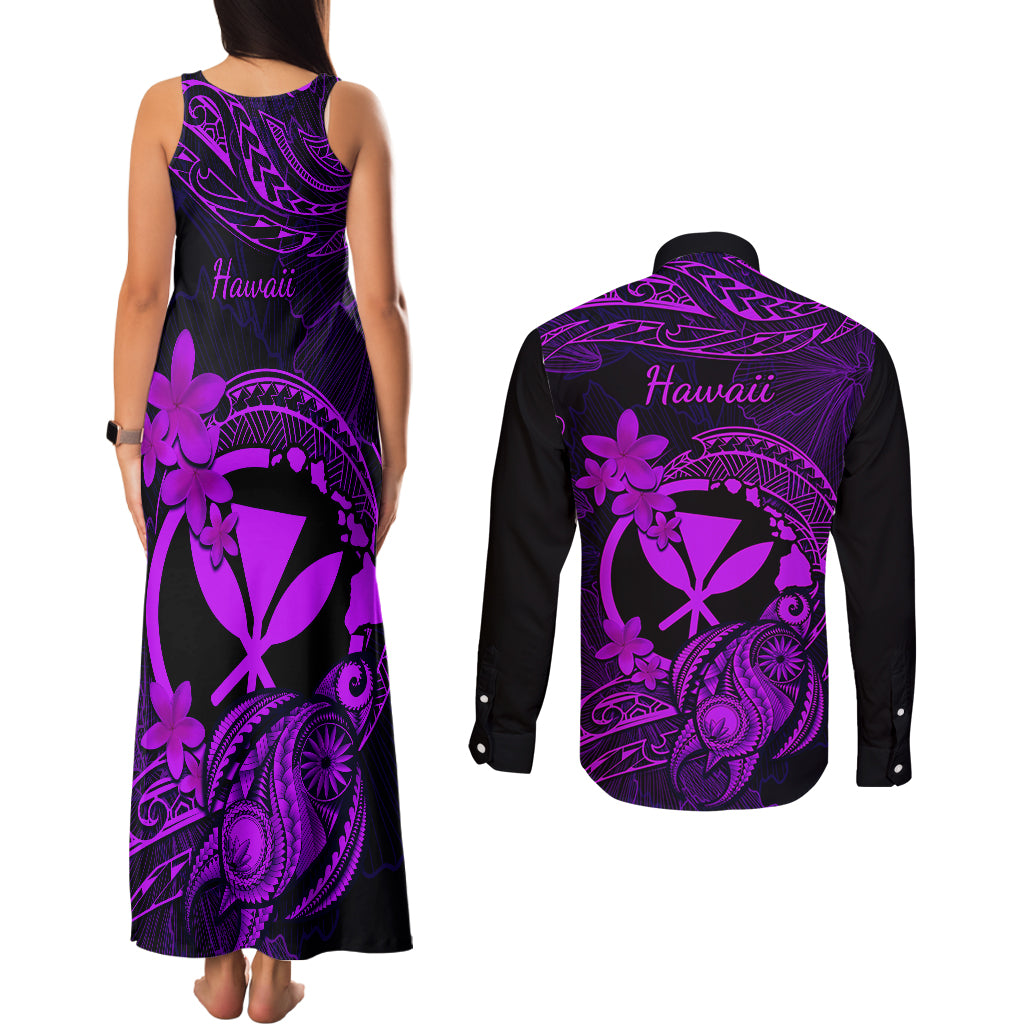 hawaii-couples-matching-tank-maxi-dress-and-long-sleeve-button-shirts-turtle-mix-polynesian-plumeria-purple-version