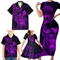 hawaii-family-matching-short-sleeve-bodycon-dress-and-hawaiian-shirt-turtle-mix-polynesian-plumeria-purple-version