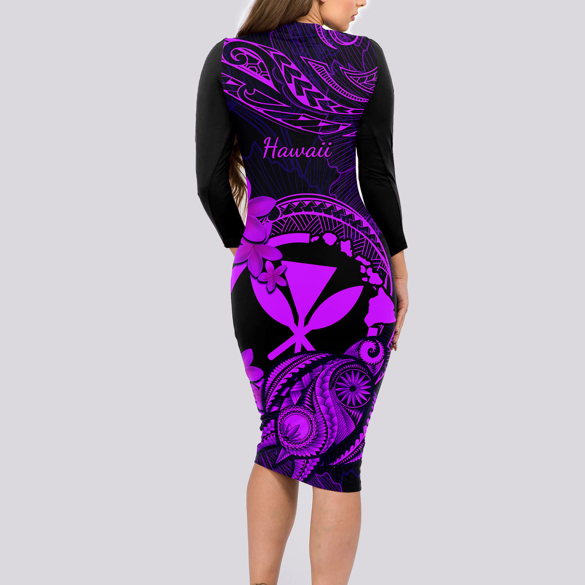 hawaii-long-sleeve-bodycon-dress-turtle-mix-polynesian-plumeria-purple-version