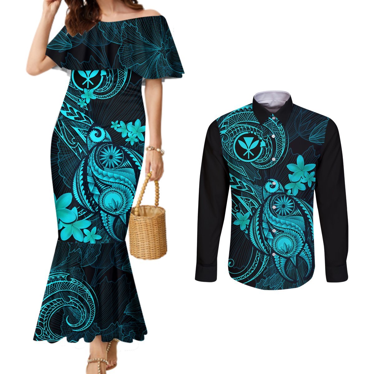 Hawaii Couples Matching Mermaid Dress and Long Sleeve Button Shirts Turtle Mix Polynesian Plumeria Turquoise Version LT14 Turquoise - Polynesian Pride