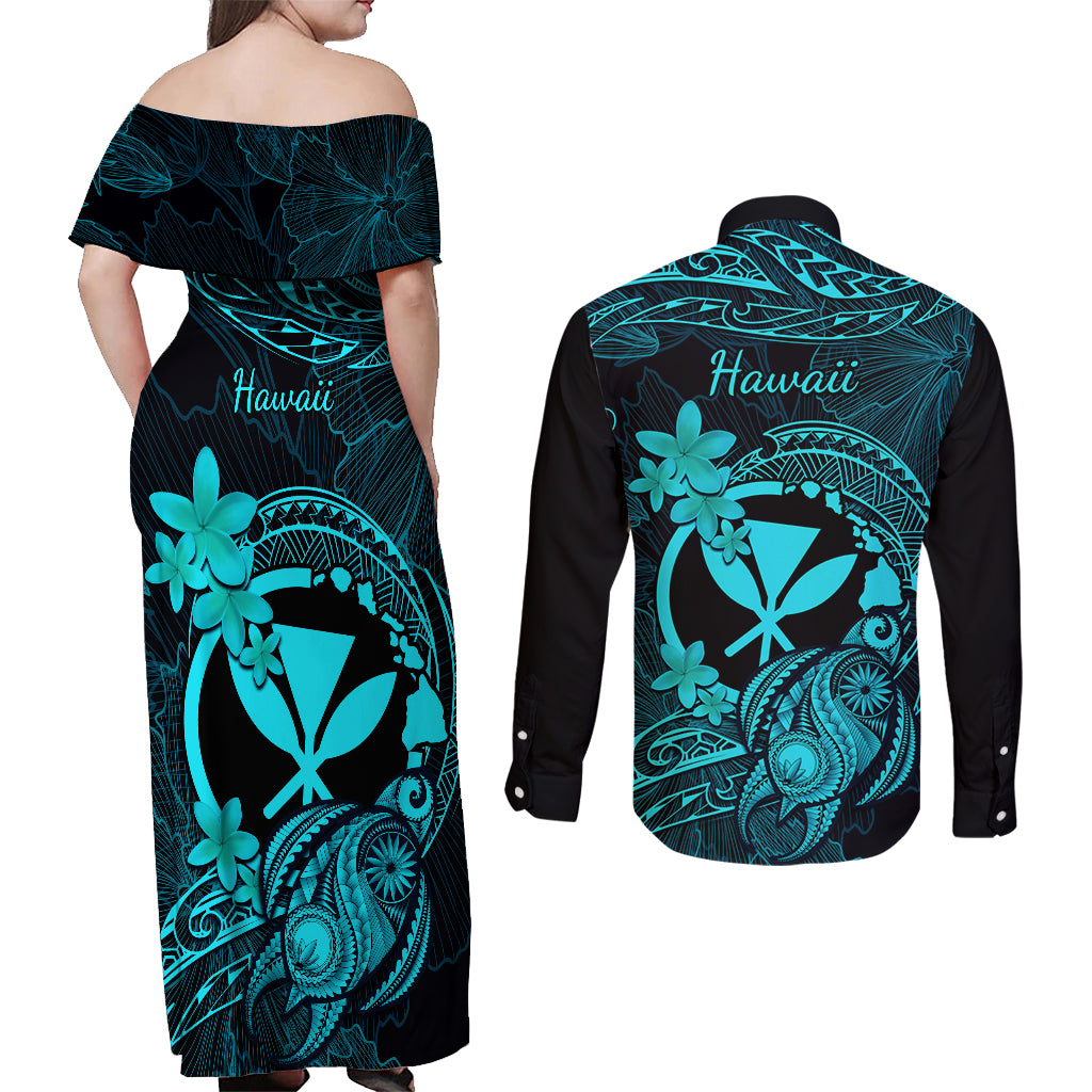 hawaii-couples-matching-off-shoulder-maxi-dress-and-long-sleeve-button-shirts-turtle-mix-polynesian-plumeria-turquoise-version