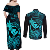 hawaii-couples-matching-off-shoulder-maxi-dress-and-long-sleeve-button-shirts-turtle-mix-polynesian-plumeria-turquoise-version