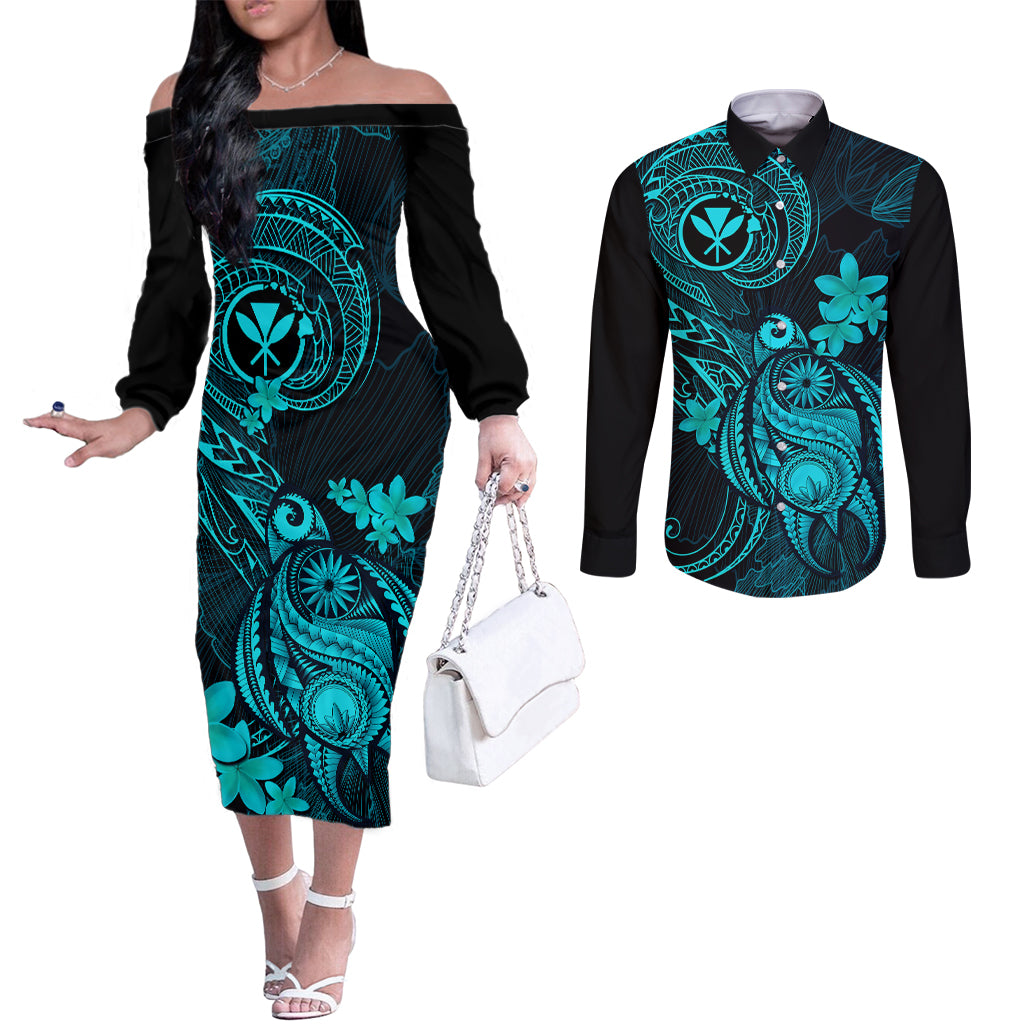 hawaii-couples-matching-off-the-shoulder-long-sleeve-dress-and-long-sleeve-button-shirts-turtle-mix-polynesian-plumeria-turquoise-version