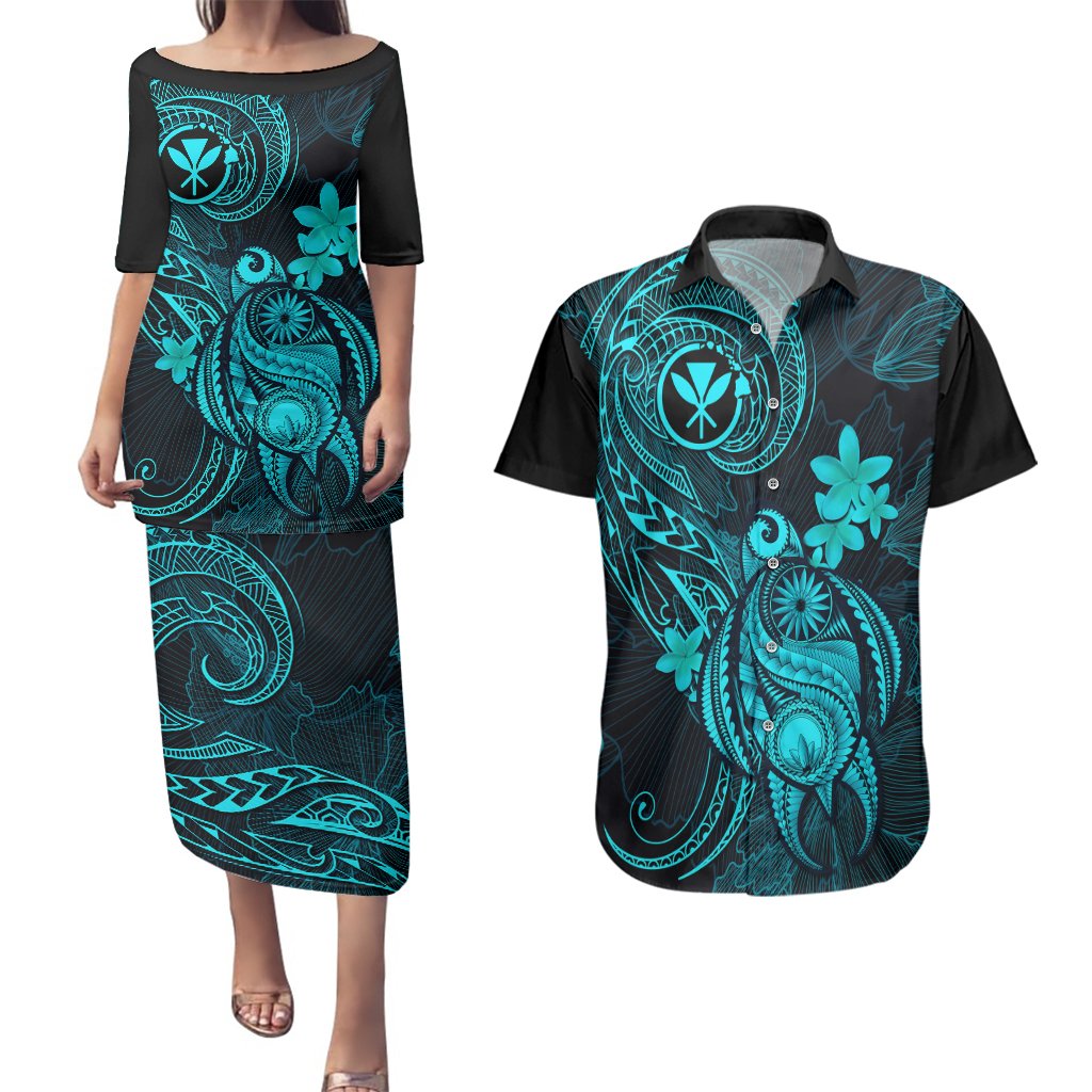 Hawaii Couples Matching Puletasi Dress and Hawaiian Shirt Turtle Mix Polynesian Plumeria Turquoise Version LT14 Turquoise - Polynesian Pride