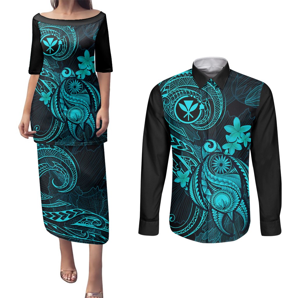 Hawaii Couples Matching Puletasi Dress and Long Sleeve Button Shirts Turtle Mix Polynesian Plumeria Turquoise Version LT14 Turquoise - Polynesian Pride