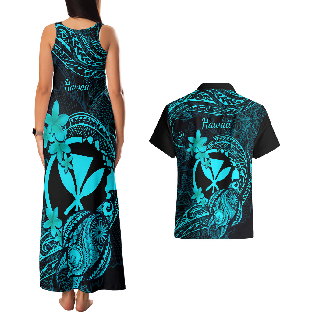Hawaii Couples Matching Tank Maxi Dress and Hawaiian Shirt Turtle Mix Polynesian Plumeria Turquoise Version LT14 - Polynesian Pride