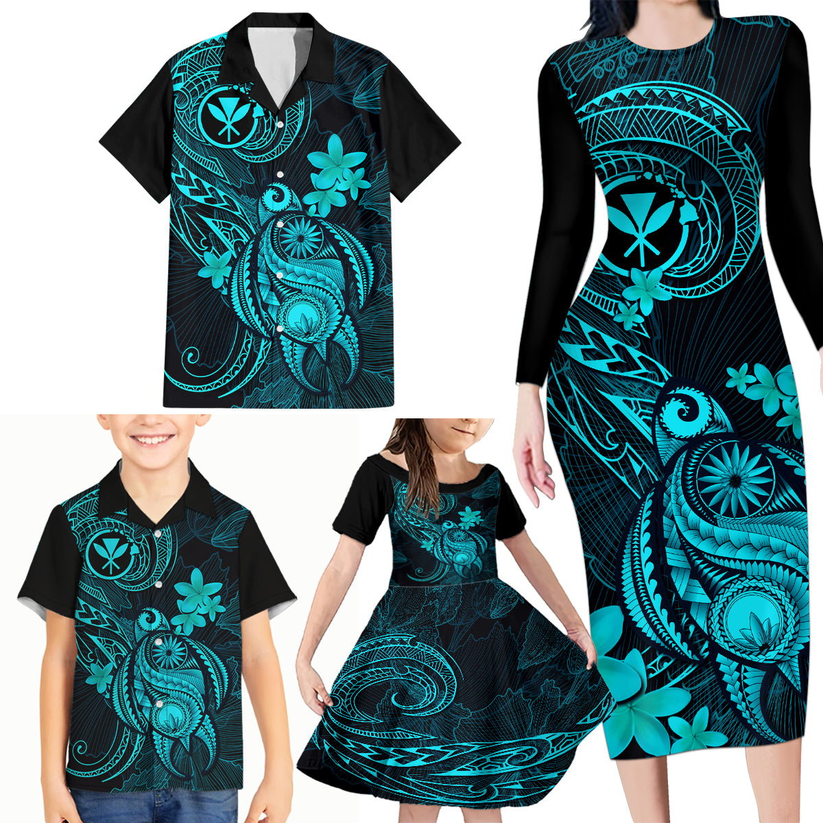 hawaii-family-matching-long-sleeve-bodycon-dress-and-hawaiian-shirt-turtle-mix-polynesian-plumeria-turquoise-version