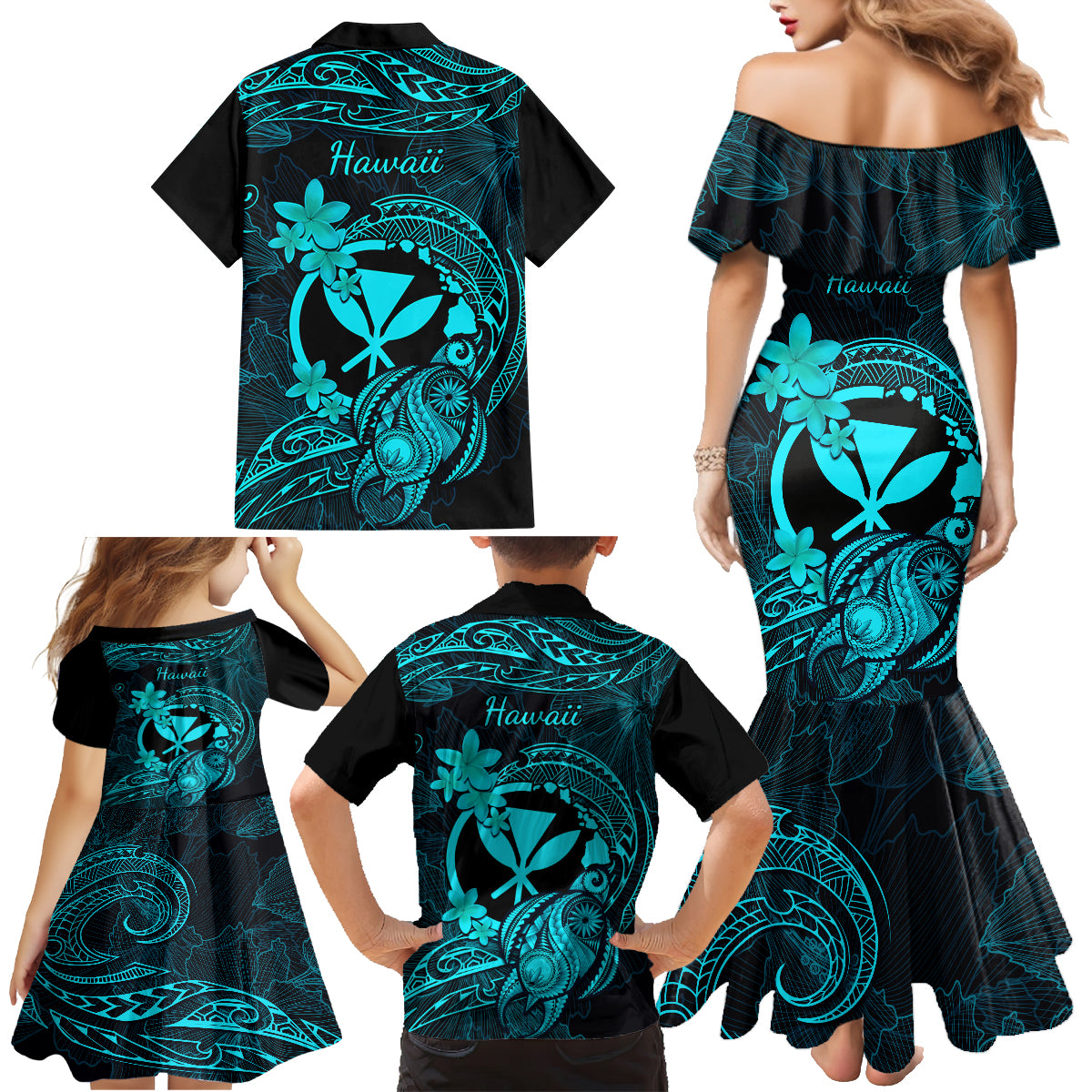 hawaii-family-matching-mermaid-dress-and-hawaiian-shirt-turtle-mix-polynesian-plumeria-turquoise-version