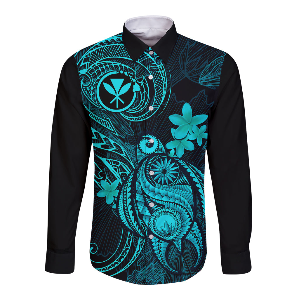 Hawaii Long Sleeve Button Shirt Turtle Mix Polynesian Plumeria Turquoise Version LT14 Unisex Turquoise - Polynesian Pride
