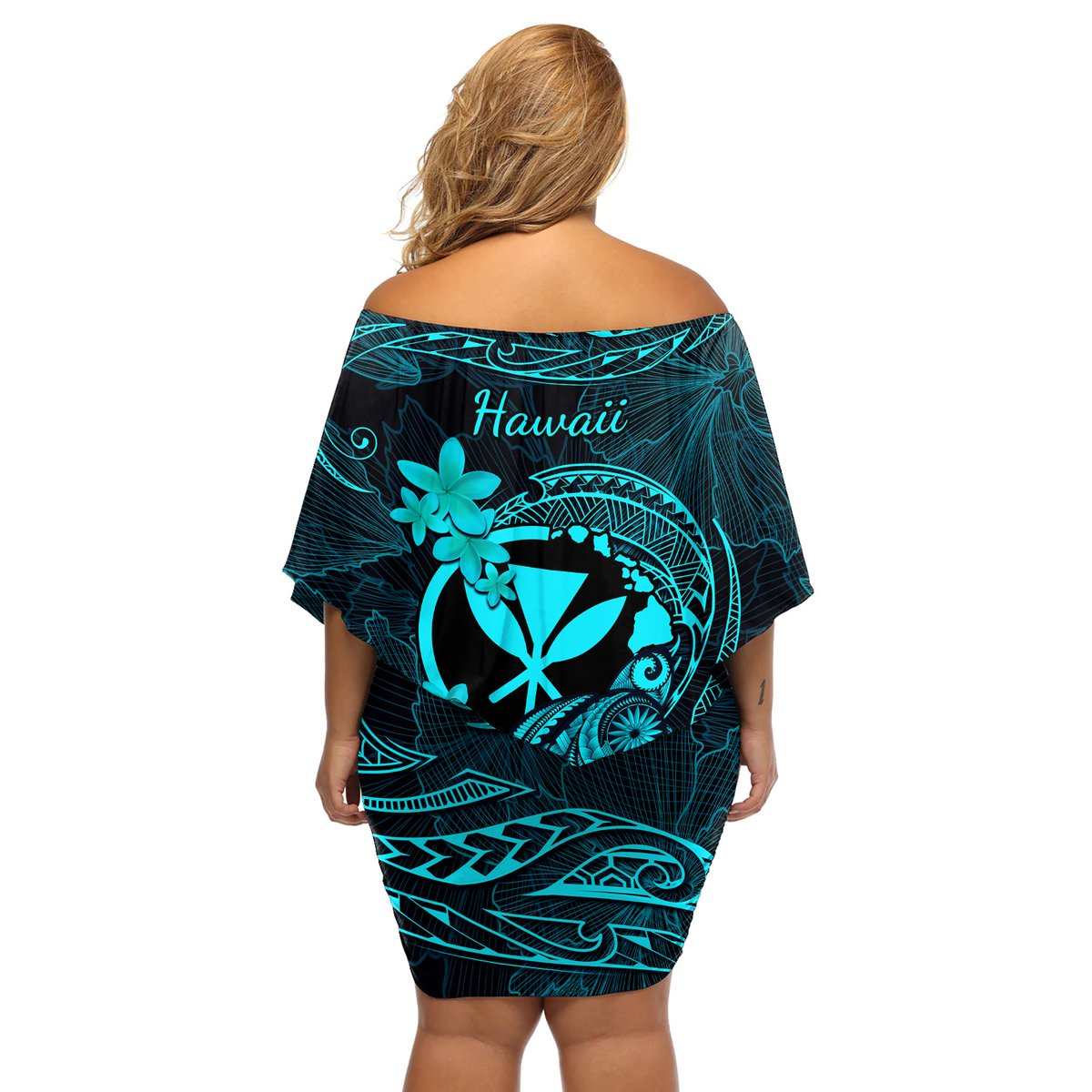 hawaii-off-shoulder-short-dress-turtle-mix-polynesian-plumeria-turquoise-version