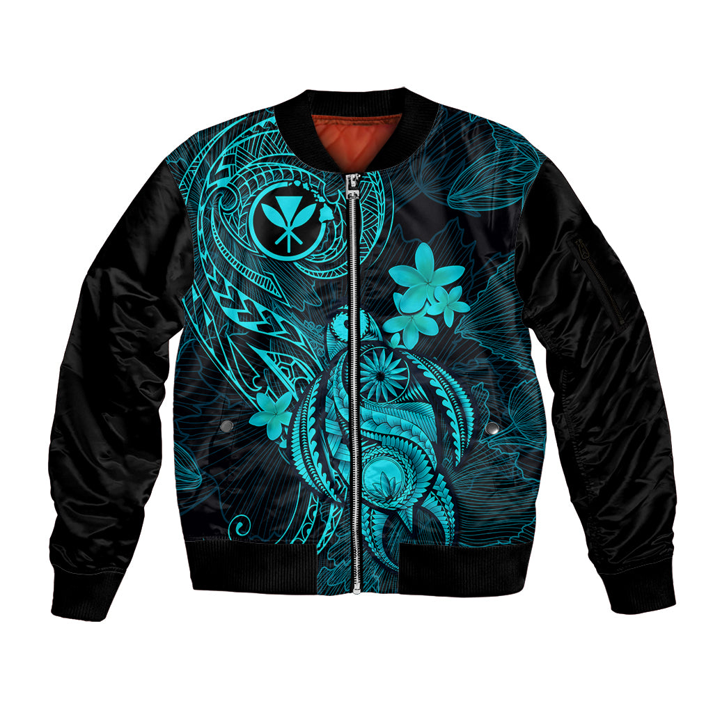 Hawaii Sleeve Zip Bomber Jacket Turtle Mix Polynesian Plumeria Turquoise Version LT14 Unisex Turquoise - Polynesian Pride