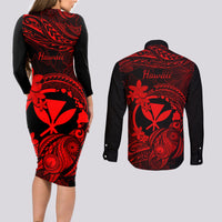 Hawaii Couples Matching Long Sleeve Bodycon Dress and Long Sleeve Button Shirts Turtle Mix Polynesian Plumeria Red Version LT14 - Polynesian Pride