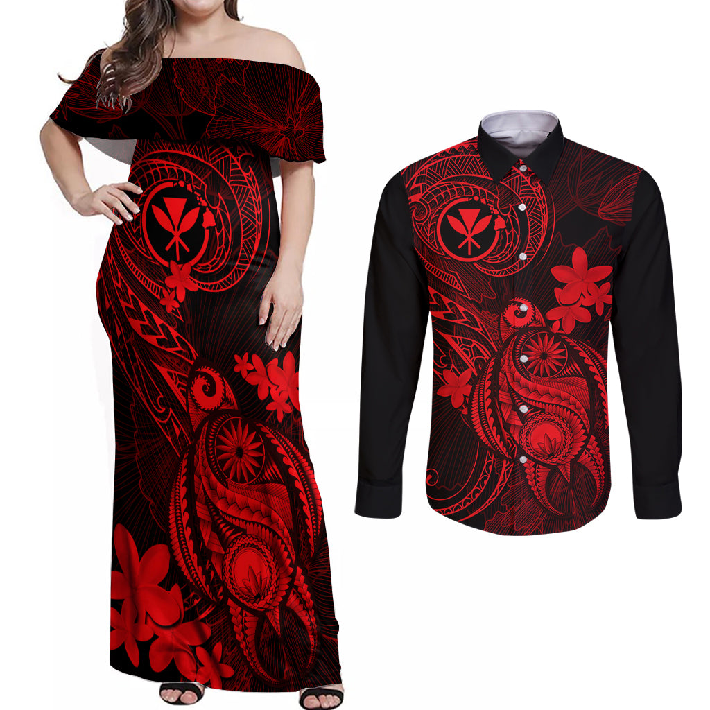 Hawaii Couples Matching Off Shoulder Maxi Dress and Long Sleeve Button Shirts Turtle Mix Polynesian Plumeria Red Version LT14 Red - Polynesian Pride