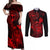hawaii-couples-matching-off-shoulder-maxi-dress-and-long-sleeve-button-shirts-turtle-mix-polynesian-plumeria-red-version