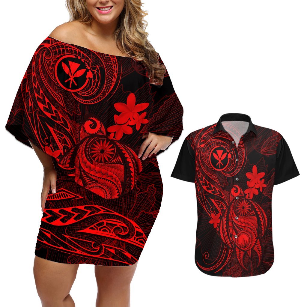 Hawaii Couples Matching Off Shoulder Short Dress and Hawaiian Shirt Turtle Mix Polynesian Plumeria Red Version LT14 Red - Polynesian Pride